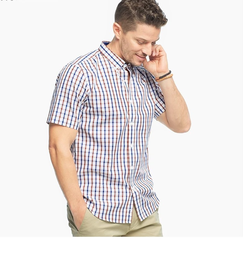 Mens Comfort Stretch Chambray Shirt, Slightly Fitted Untucked Fit, Short-Sleeve, Plaid  |  Shirts Clothing Bright Mariner