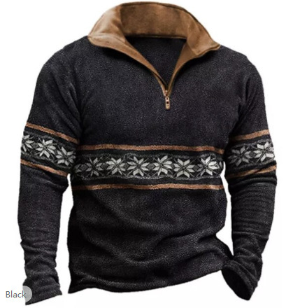 Mens Sweater Fleece Pullover, Print  |  Fleece Clothing Coal Snowflake Fairisle