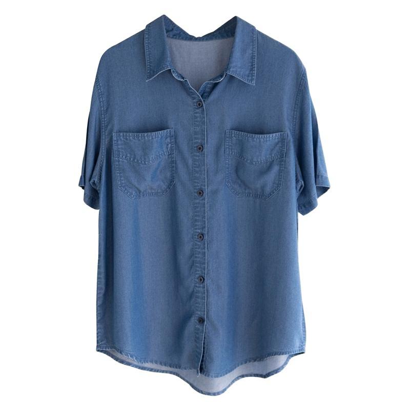 Womens Heritage Washed Lightweight Denim Shirt, Short-Sleeve  |  Shirts & Tops Clothing Light Indigo