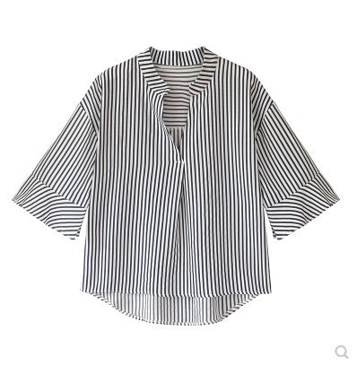 Womens Premium Washable Linen Shirt, Splitneck Stripe  |  Shirts & Tops Clothing Moonlight Blue Stripe